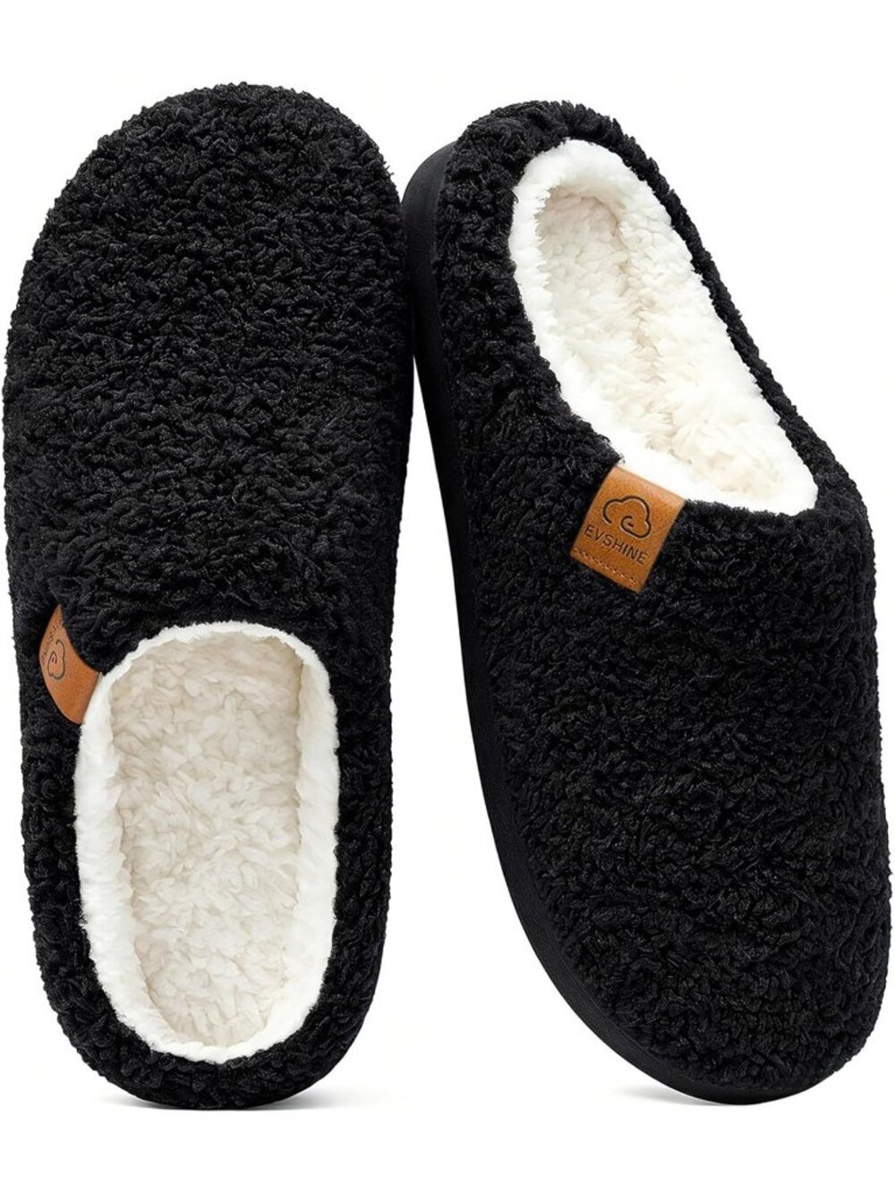 Women Black Pull-On Curly Fleece House Shoes Warm Indoor Outdoor Fuzzy Slippers